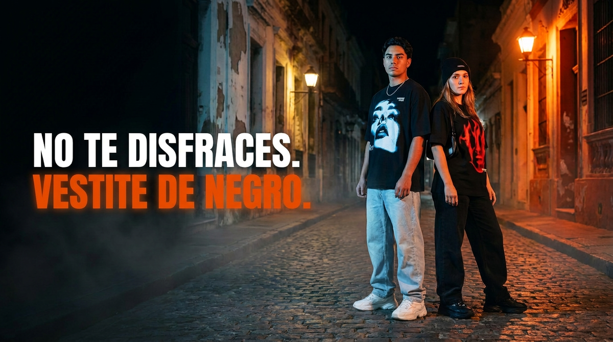 No te disfraces, vestite de negro: dos modelos con remeras Vinnare Blue Face y Lost Soul de noche en Ciudad Vieja