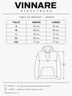 Tabla de talles hoodie Vinnare: S 51x67, M 56x69, L 61x72, XL 66x74, XXL 71x77 cm
