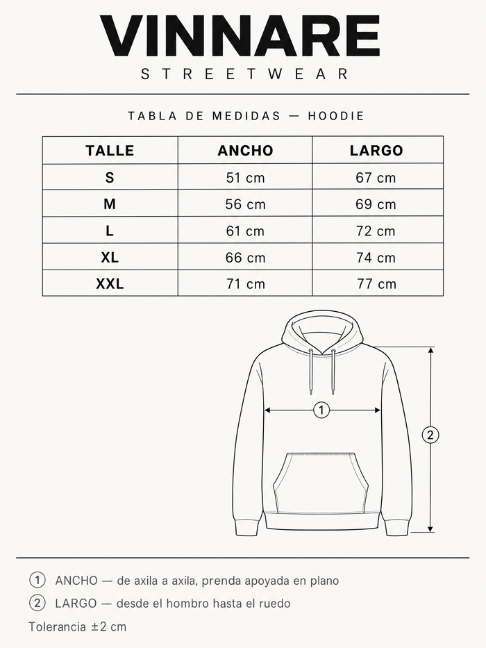 Tabla de talles hoodie Vinnare: S 51x67, M 56x69, L 61x72, XL 66x74, XXL 71x77 cm